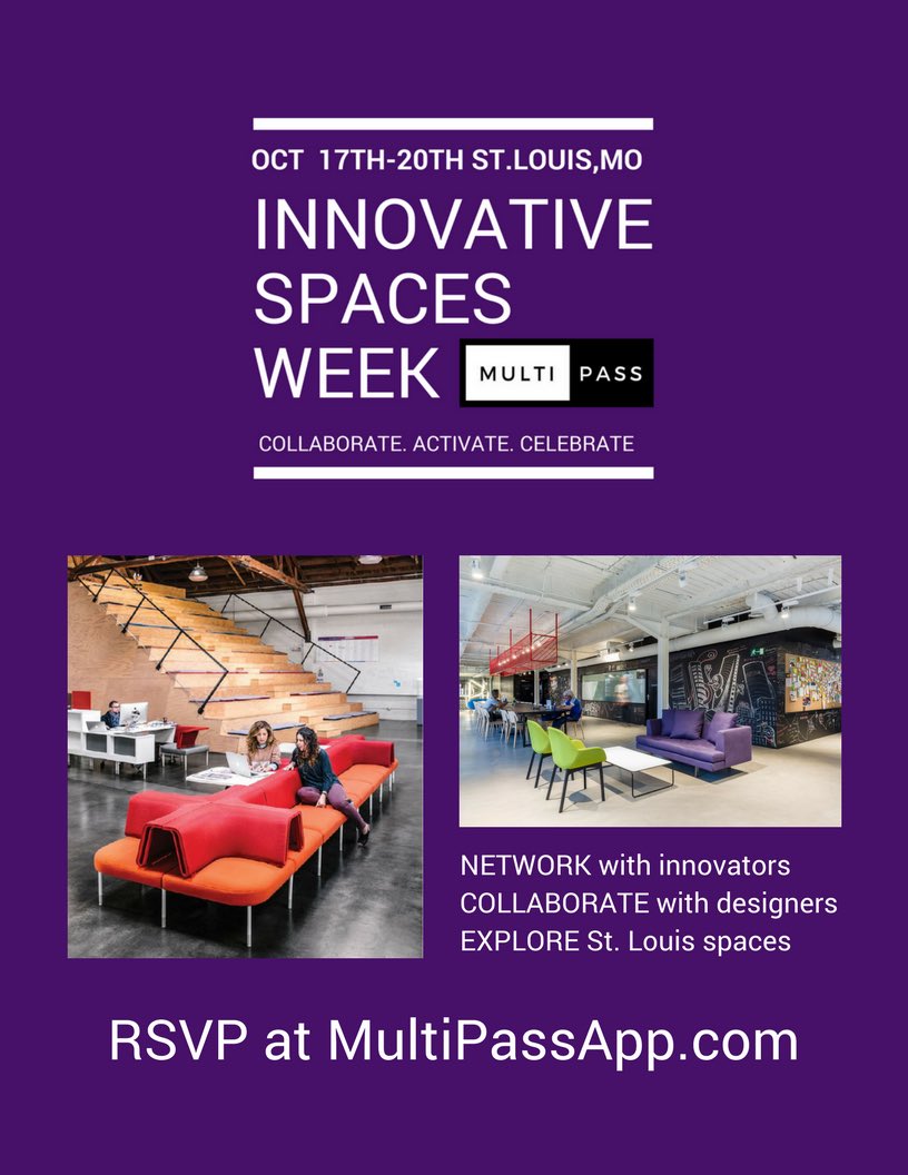 invelopnow's tweet photo. Love partnering with MultiPass &amp; Innovative Spaces Week. RSVP to the events! #innovativespacesweek2017 #stlouis #multipassapp #invelopnow https://t.co/NVmmLJPVOr