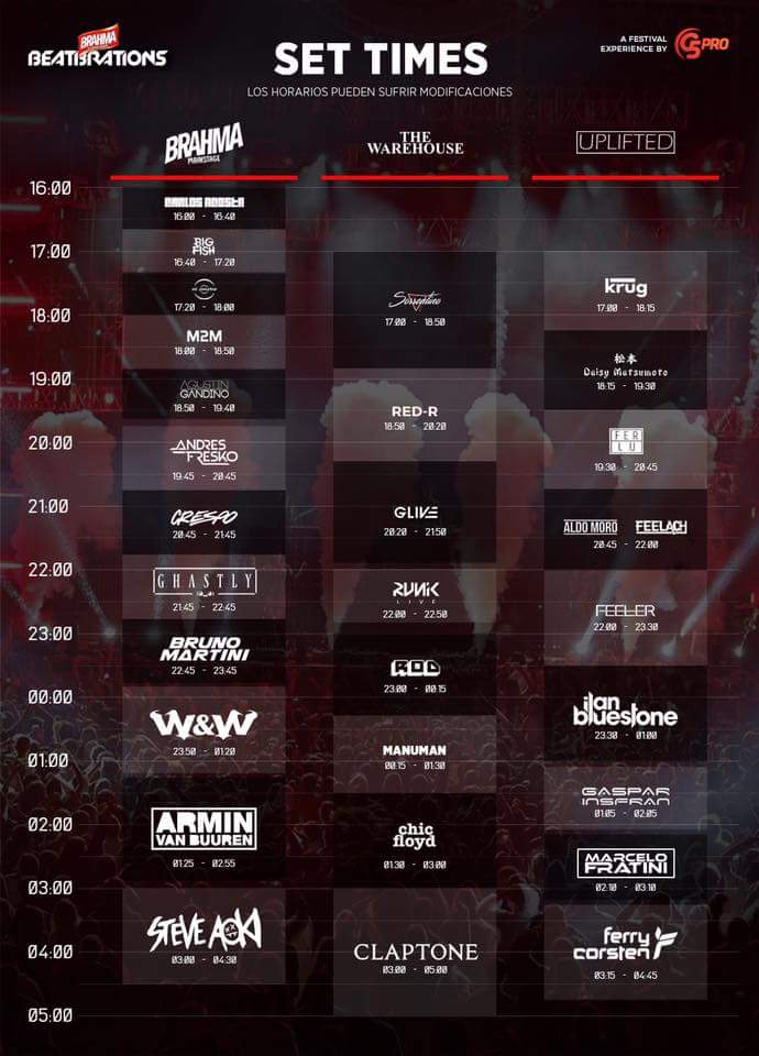 Beatbrations's tweet photo. Estos son los Set Times para el sábado! 🙌
Abrimos puertas a las 15:50, preparáte para vivir 13 horas de música sin parar!
#BrahmaExperience https://t.co/rEfqU1PFhK