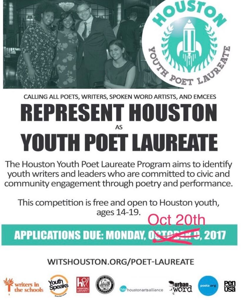 plusfesthou's tweet photo. 🗣HOUSTON YOUTH POET LAUREATE APPLICATION HAS BEEN PUSHED BACK TO OCTOBER 20th 🔉
Go to https://t.co/cV2rV4vUOv to a… https://t.co/d255C2nY8I https://t.co/HYcWcnmgjX