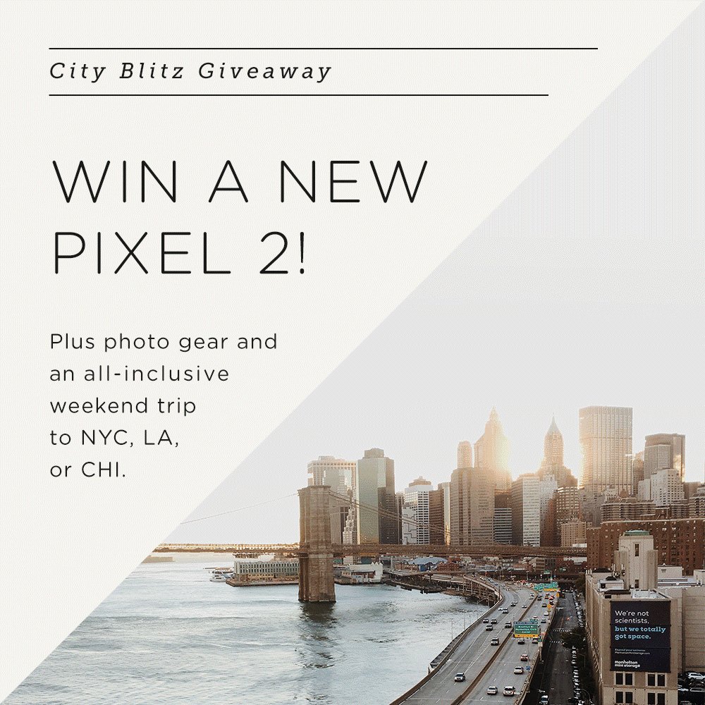 moment's tweet image. GIVEAWAY!

Win a #Pixel2 and a weekend getaway in NYC, Chicago, or LA complete with gear from some of our favorite brands and a custom-made photo guide!

Enter here: momnt.io/CityBlitzGivea…