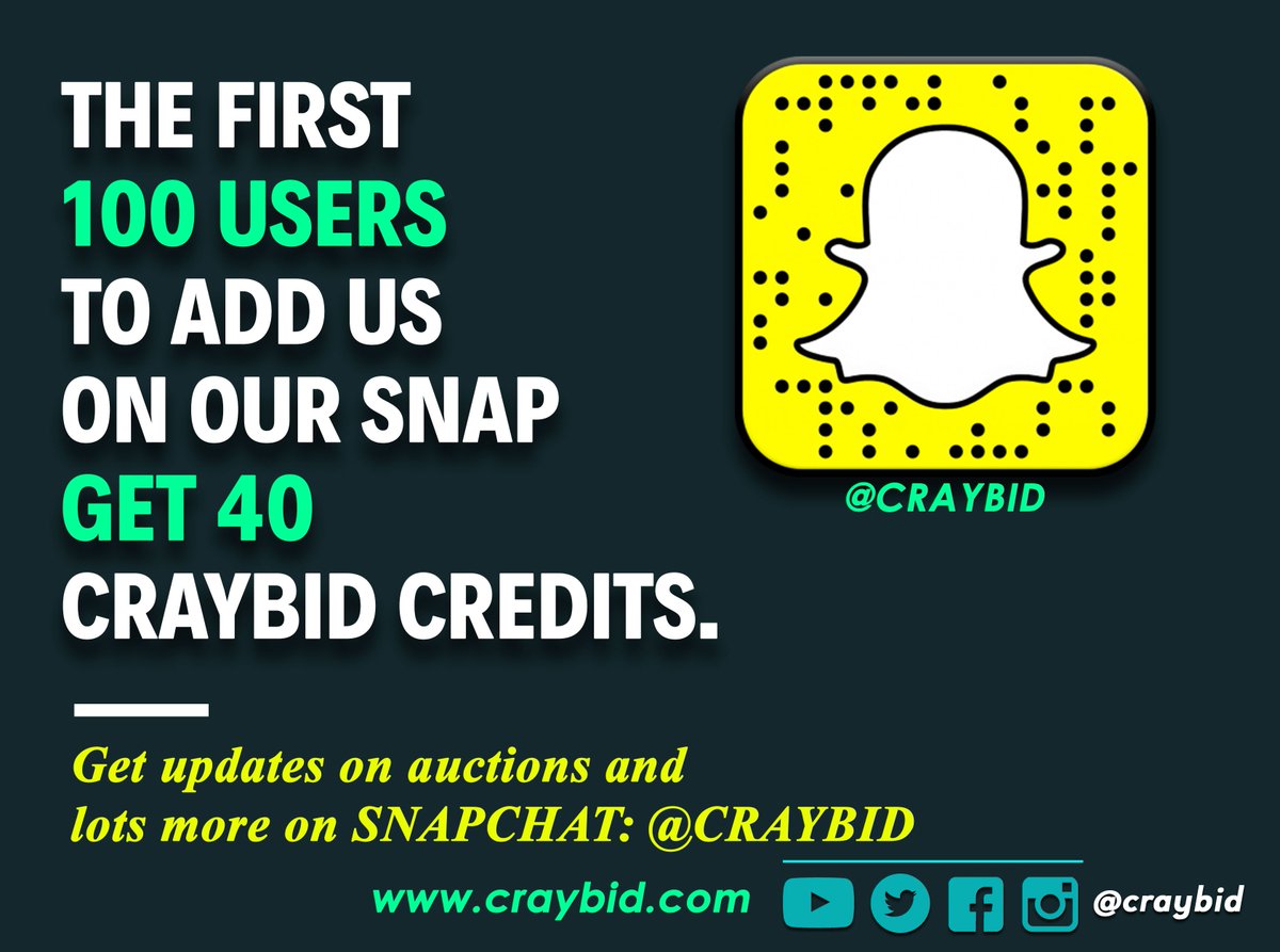 betascratch_bkp's tweet photo. Add @CrayBid on Snapchat &amp; get 40 Craybid Credits! Once you add us, send a chat with your Craybid username. #FollowTrain #Craybid https://t.co/hEIFG12tAR