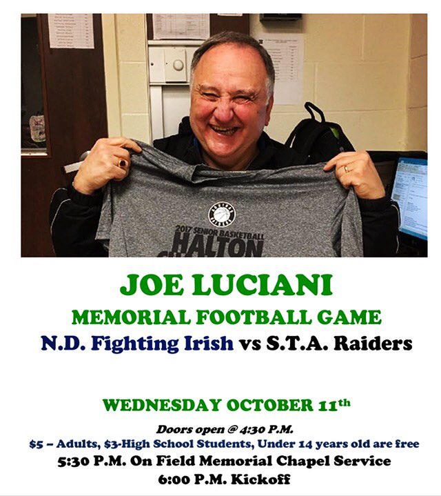 Today is THE day! It's the Joe Luciani Memorial Football game at ND. The commemorative celebration for Joe begins at 5:30 pm. See you there!