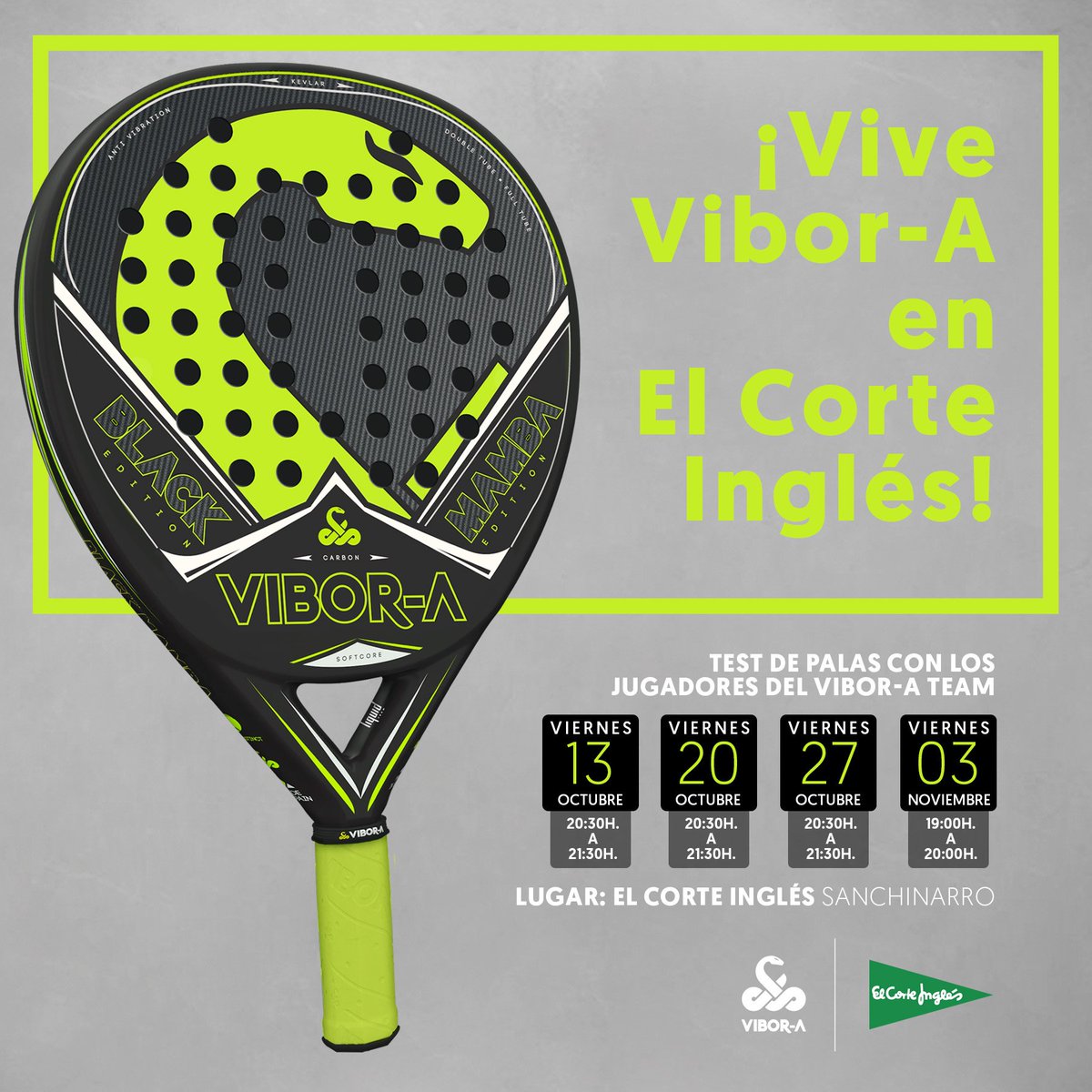 Test de palas con los
jugadores del <a href="/ViboraTeam/">Vibor-A Team</a> en El Corte Inglés de Sanchinarro.
¡Anímate! #vibora4you #viborateam