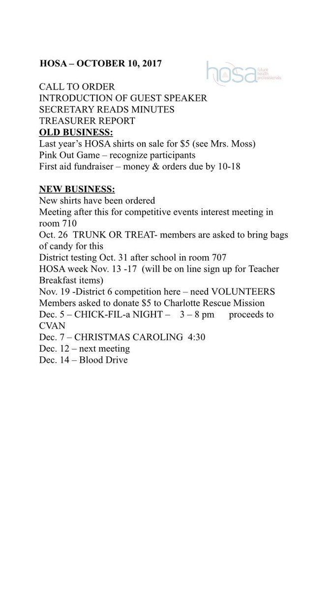 HRHS_hosa's tweet photo. If you were unable to make it to the October meeting, here is the agenda. https://t.co/Y9Zwc08yzY