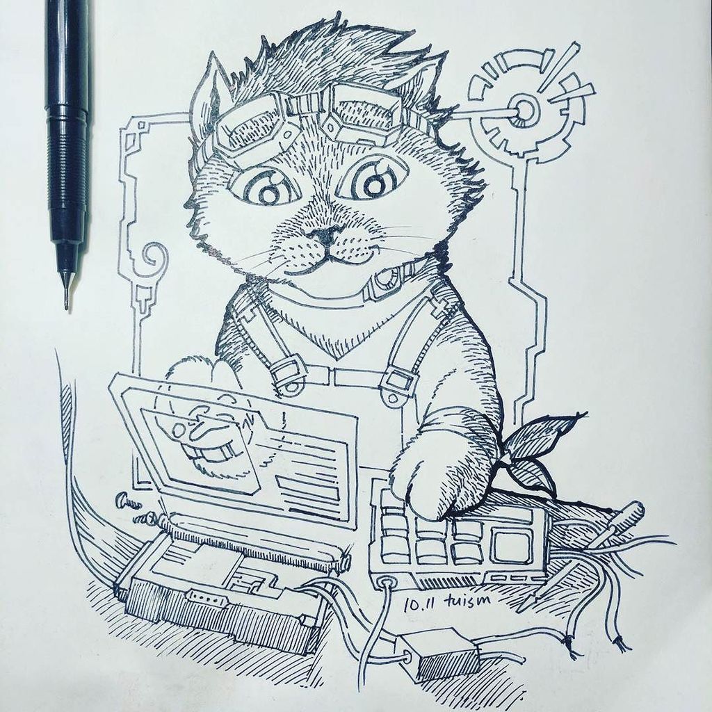 Tuism's tweet image. #inktober day 11: "run" with Cat McCatfree, Digital Tinkerer of #netrunner game fame! In the game, hacking is call… ift.tt/2xyM2yA