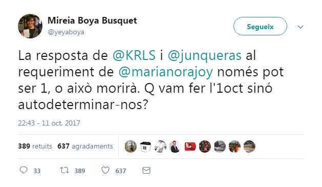 3CatInfo's tweet photo. Missatge de la diputada de la CUP Mireia Boya a Puigdemont i Junqueras https://t.co/2rMD7HA8RB
#10octTV3 #10oCatRàdio https://t.co/x0rT1R4GSX