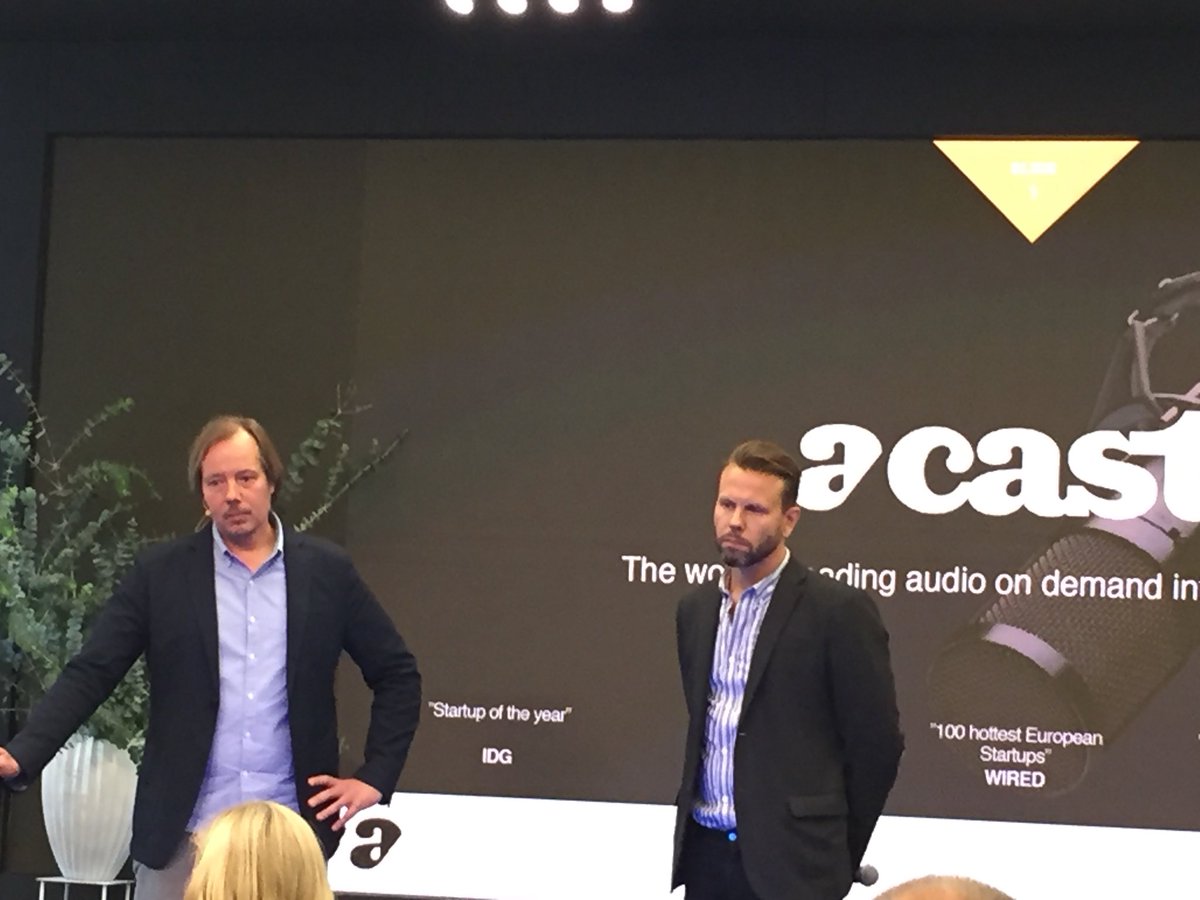 acast's tweet photo. Mans Ulvestam and @KarlRosander on stage at #innovate46 cc @SACCNewYork sharing our story for the #anderswall award 🥇 https://t.co/lHMpNlOv8l