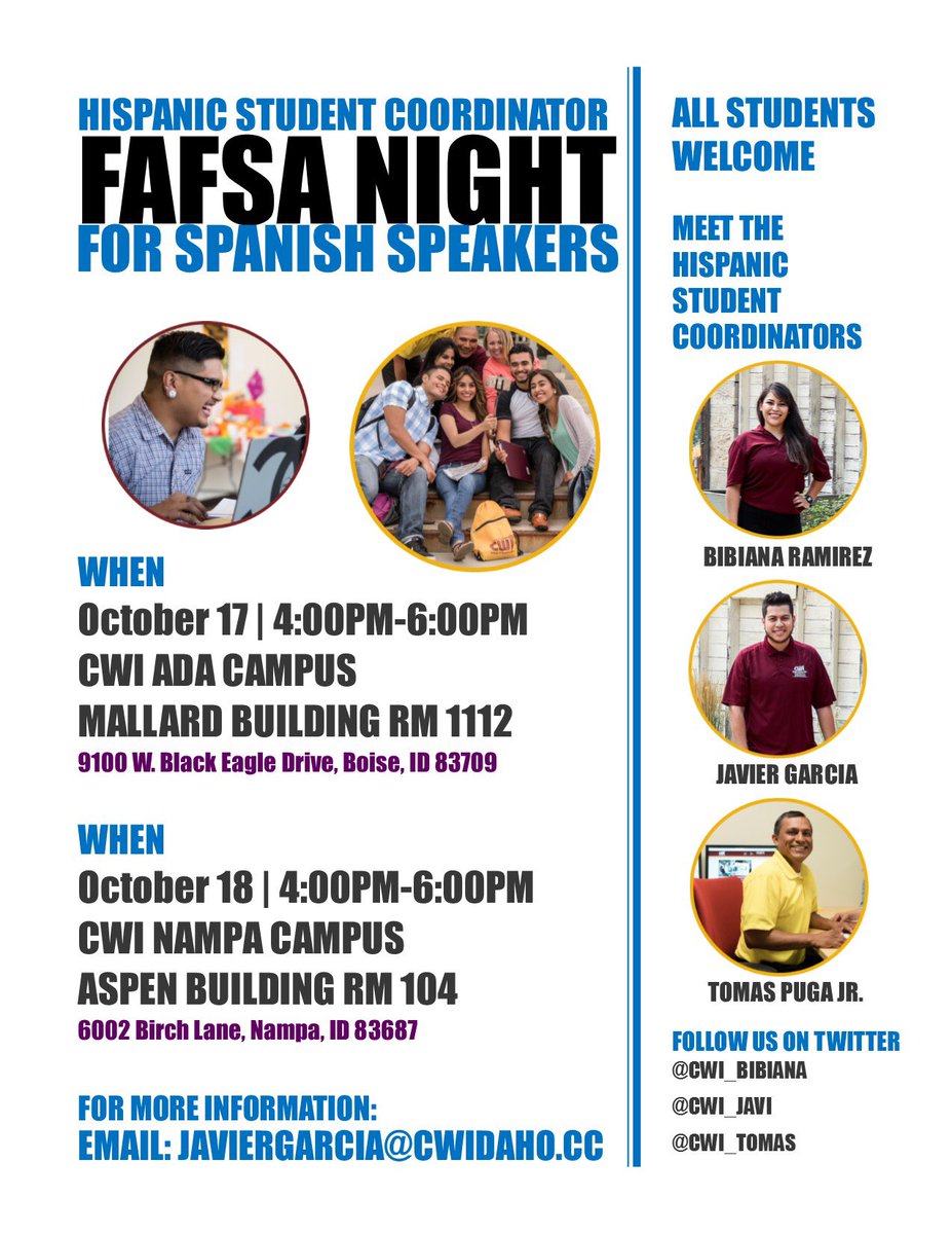 JGarc2313's tweet photo. Need help filling out the FAFSA? Join us for FAFSA Night for Spanish Speakers! @CWI_Bibiana @CWI_Tomas @CWI_Nikki @CWI_Oster @CWI_melissa https://t.co/ULnlKeWnUw