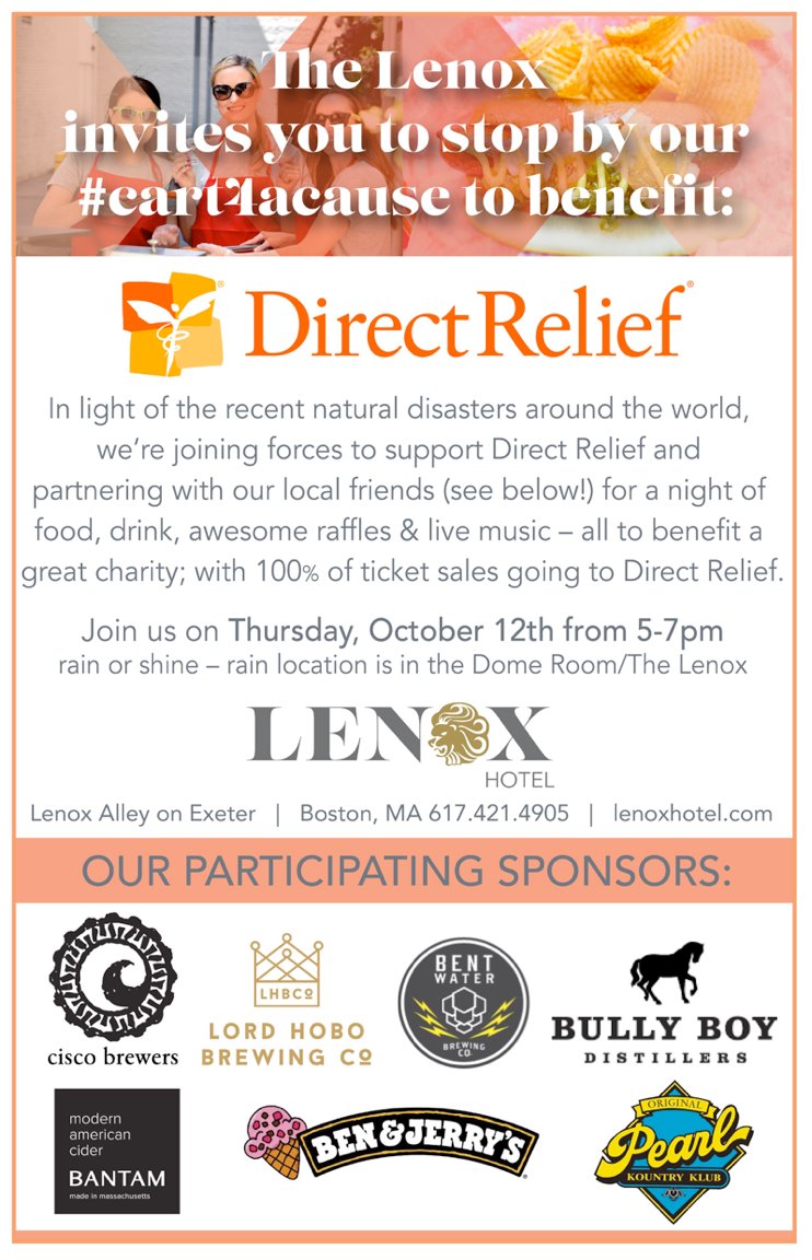 BenJerryBoston's tweet photo. We're proud to sponsor @DirectRelief tomorrow night. Join us at @LenoxHotel from 5-7pm to show your support! #cart4acause https://t.co/8KGdW5BbjI
