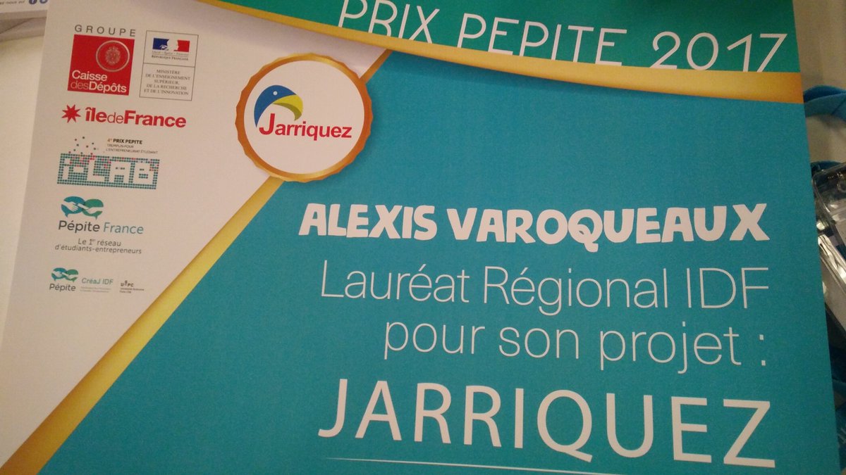 Jarriquez lauréat régional Ile de France du #PrixPepite ! <a href="/EFREI_incubator/">EFREI Entrepreneurs</a> <a href="/CreaJIDF/">Pepite CréaJ-IDF</a>