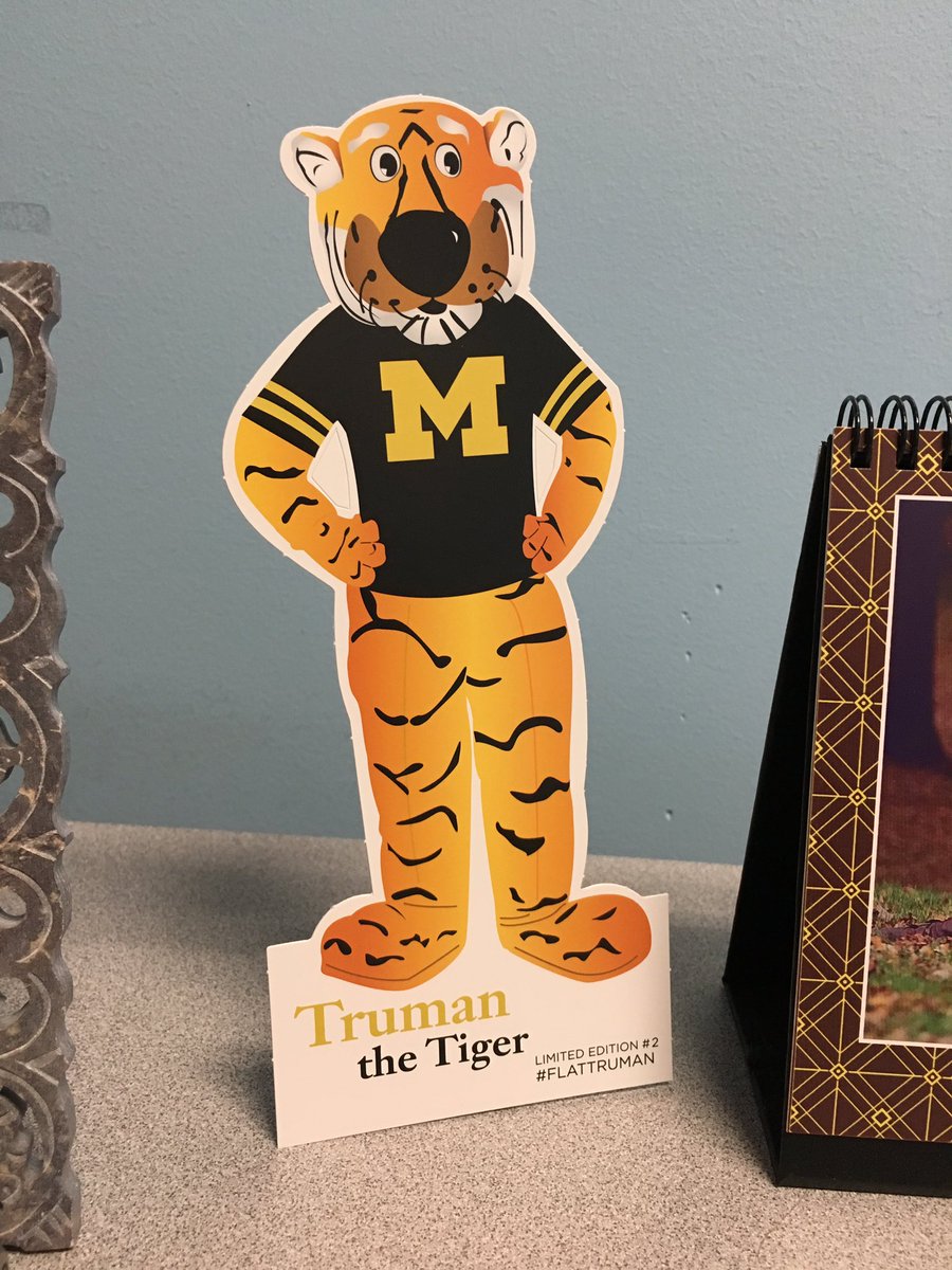 meganmccamy's tweet photo. When the @Mizzou admissions rep visits your school and gives you a new desk decoration....it's a good day. 💛🐯🖤 #MizzouAlum #FlatTruman https://t.co/WS4MXde4x7
