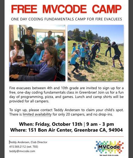 mvcode's tweet image. Free full day #mvcode camp for fire evacuees in our Greenbrae club on Friday. Lunch provided by #PaxtiPizza  - Sign-up teddy@mvcodeclub.com