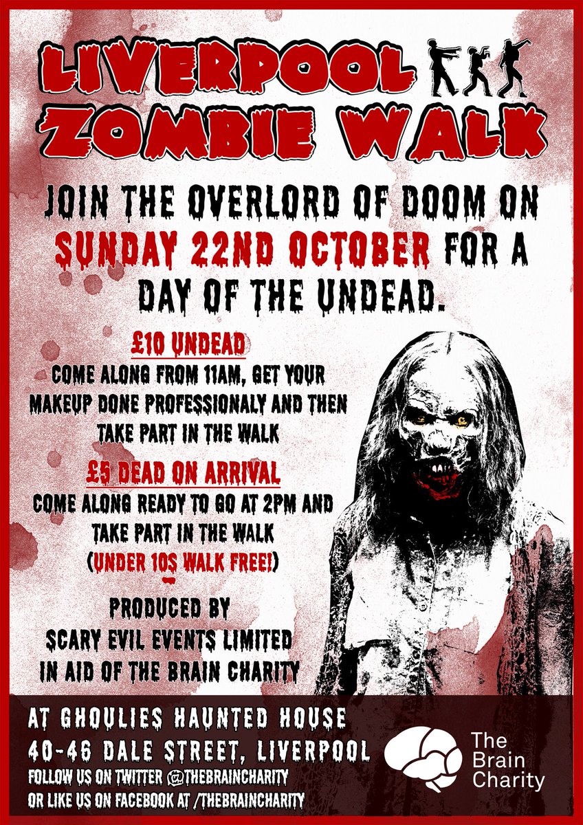 TheBrainCharity's tweet photo. Not long now until the #Liverpool #ZombieWalk! Who's coming to join the @LIGER_DOOMSTAR on 22nd Oct? Meet @ghoulies_house from 11am onwards https://t.co/J9znlpiZox