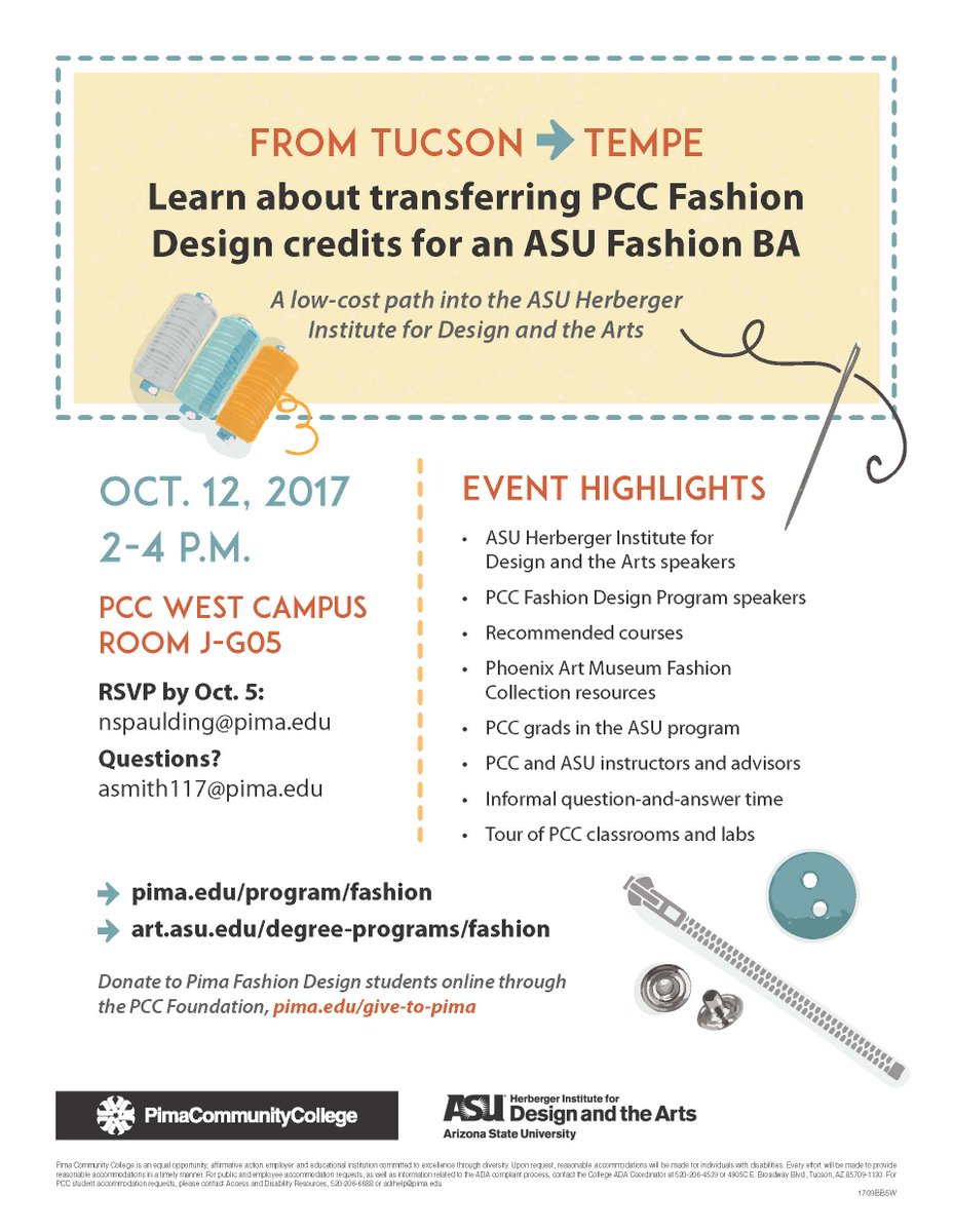 Oct. 12, 2-4pm, learn best PCC Fashion Design courses to take to transfer to ASU <a href="/pimatweets/">Pima Community College</a>, <a href="/HIDAAdvising/">ASUHerberger StdSucc</a> ow.ly/zb5y30fO6QH