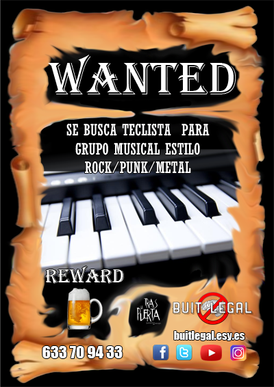 BUIT_LEGAL's tweet photo. Buit  Legal busca teclista per a ampliar la plantilla del grup. No importa  l'edat ni el sexe. Recompensa assegurada! 🍺 https://t.co/7CwcA84wG3
