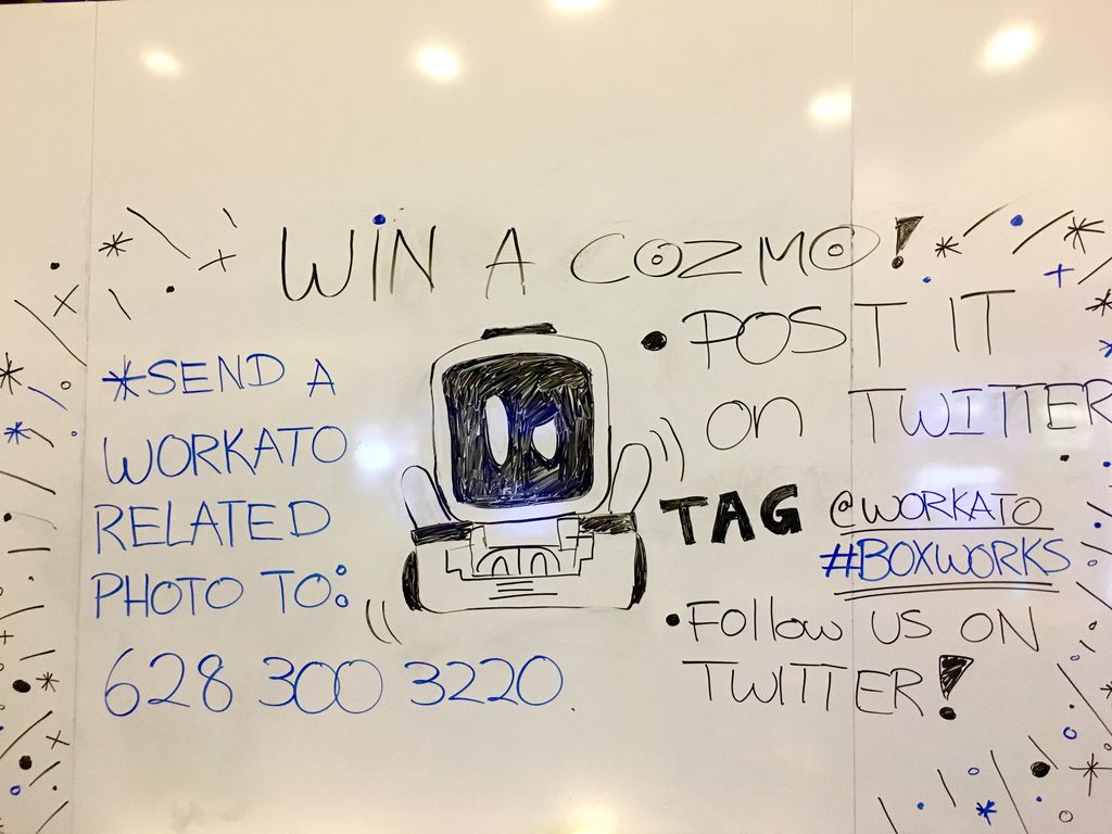Workato's tweet photo. If you're at #BoxWorks, today might just be your lucky day! Enter our photo contest to win an awesome Cozmo! https://t.co/jJweCsBdMl