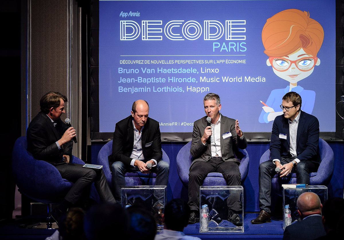 SensorTower's tweet photo. Linxo’s @vanhaetsdaele, @musicworldmedia’s @JBHiro and @happn_app’s @blorthiois at @AppAnnieFR’s #DecodeParis: https://t.co/GyKXQmrWzY