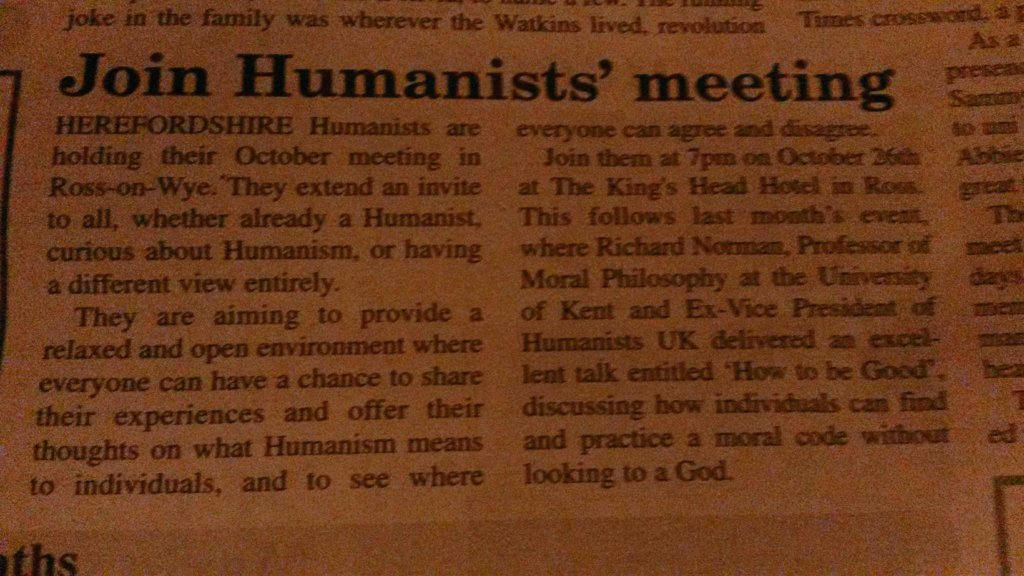 HrfdHumanists's tweet photo. Some publicity in the @RossGazette for our upcoming event #Humanism #Herefordshire https://t.co/lZ1FOOAu3Q