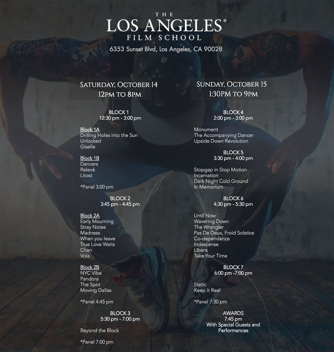df2creative's tweet photo. DF2 Festival Program Schedule @lafilmschool Oct. 14-15
#festival #dancers #choreographers #filmfestival #dance #films #MusicVideos #DF2LA https://t.co/d3mpSSdozL
