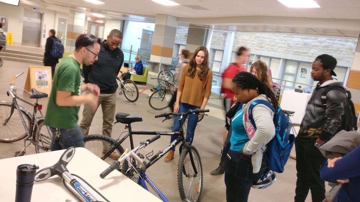 Free bike maintenance workshop going on now in Place Riel! Join anywhere from 1 - 4.