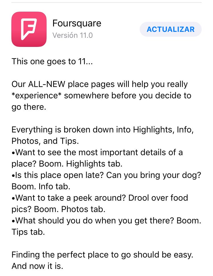 4sqSUspain's tweet photo. Nueva Actualización #Foursquare #App v.11.0 para #iOS con un nuevo diseño y estructura de página para lugares 👍🏻 #new #updatefoursquare https://t.co/V1bwRO8OkK