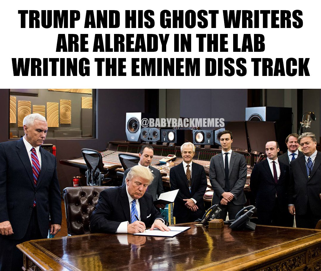 CampfireWeekend's tweet photo. Trump prepping to retaliate after hearing Eminem diss freestyle. #Trump #Eminem #freestyle https://t.co/IlI4iV1wb3