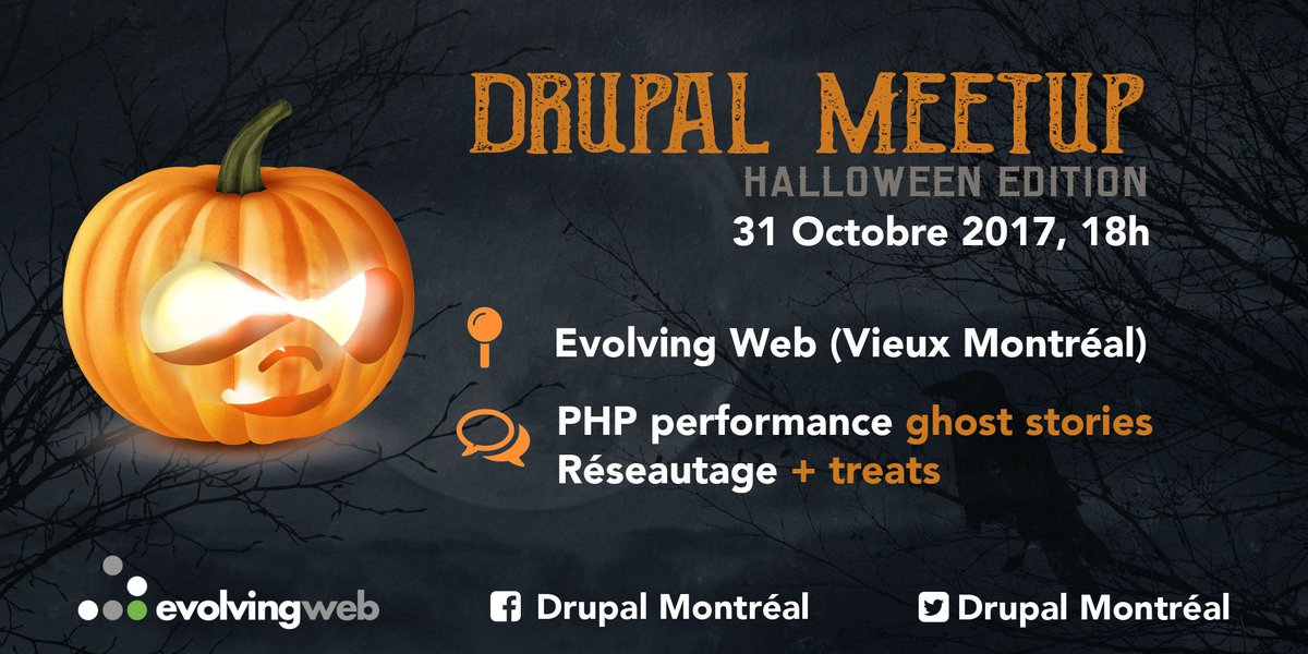 Notre prochain meetup se tiendra le jour d'Hallooween! Rendez-vous nombreux chez <a href="/evolvingweb/">Evolving Web</a>! Inscriptions: eventbrite.com/e/drupal-hallo…