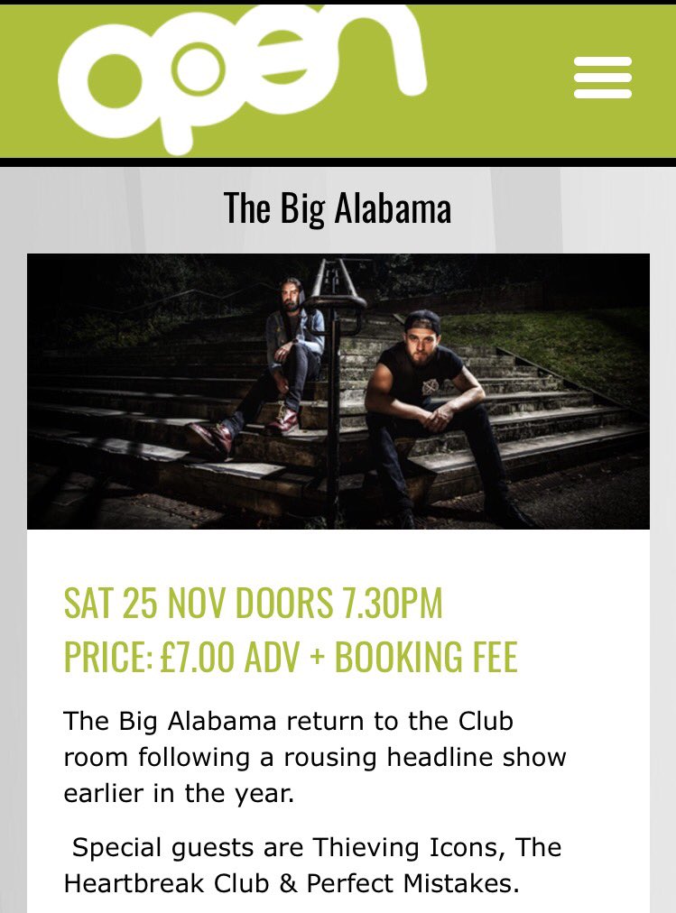 The Big Alabama (@thebigalabama1) on Twitter photo We head back to <a href="/OPENNorwich/">OPEN Norwich</a> on Sat 25th Nov to headline the club room with <a href="/heart_breakclub/">The Heartbreak Club</a> <a href="/ThievingIcons/">Kanun</a> and <a href="/PerfMistBand/">Perfect Mistakes</a> Tix ÂŁ7!! We head back to <a href="/OPENNorwich/">OPEN Norwich</a> on Sat 25th Nov to headline the club room with <a href="/heart_breakclub/">The Heartbreak Club</a> <a href="/ThievingIcons/">Kanun</a> and <a href="/PerfMistBand/">Perfect Mistakes</a> Tix ÂŁ7!!