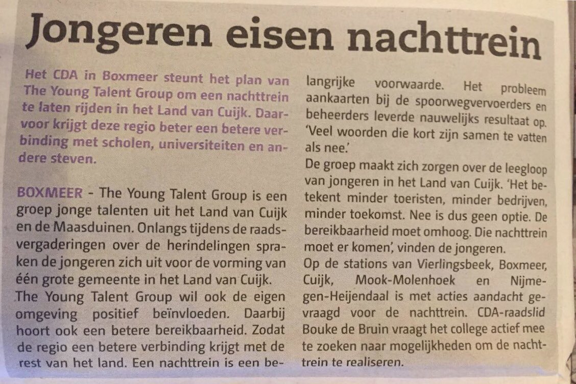 Blij met stuk in @boxmeersweekbla over #nachttrein en steun van <a href="/cdaboxmeer/">CDA Boxmeer</a> #yeswecan #doeertoe