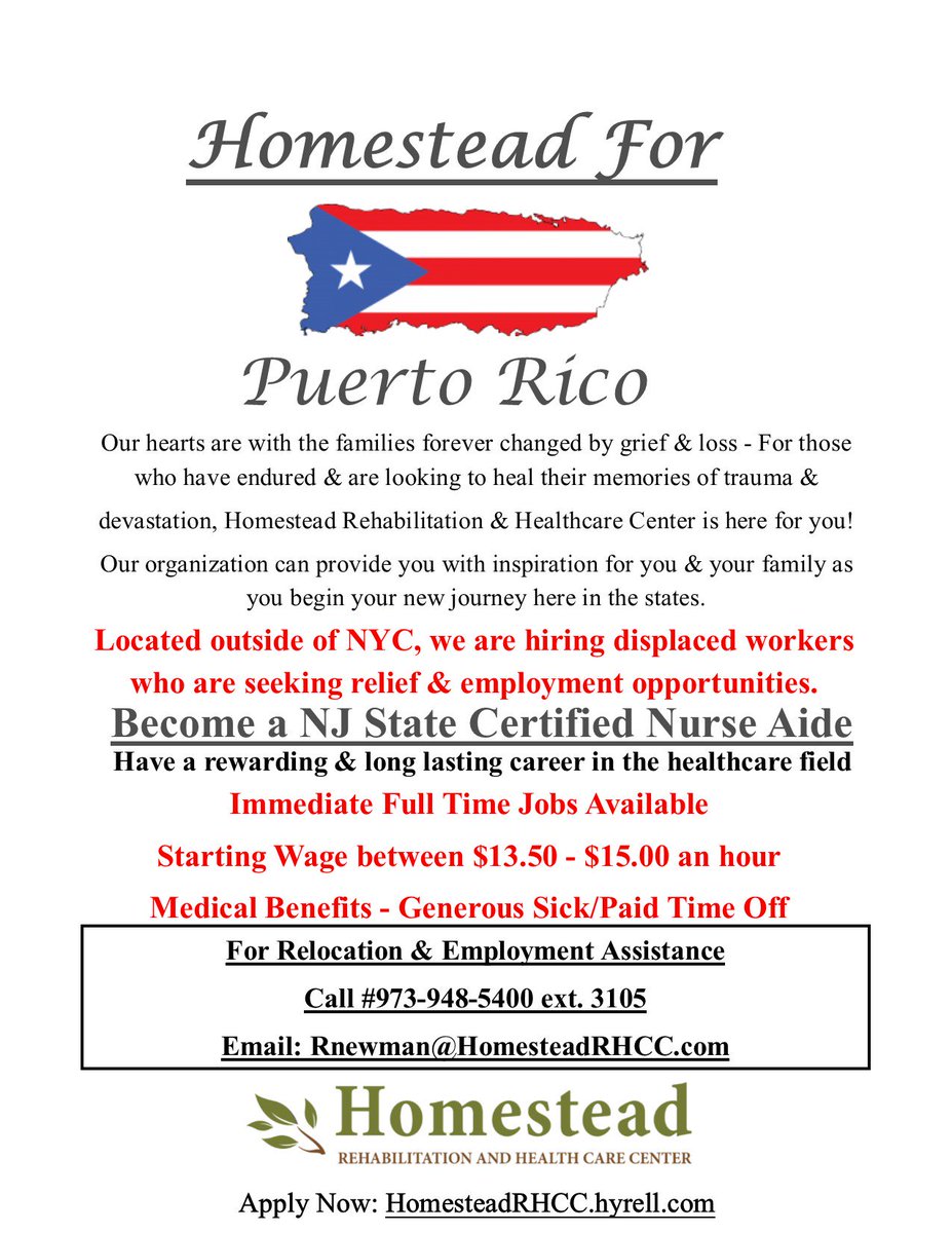 TalentNj's tweet image. #PuertoRicoRelief #DisplacedWorkers #Newbeginnings #PuertoRicoStrong  #HomesteadForPuertoRico #NewJerseyEmployment #CNA #07860Jobs