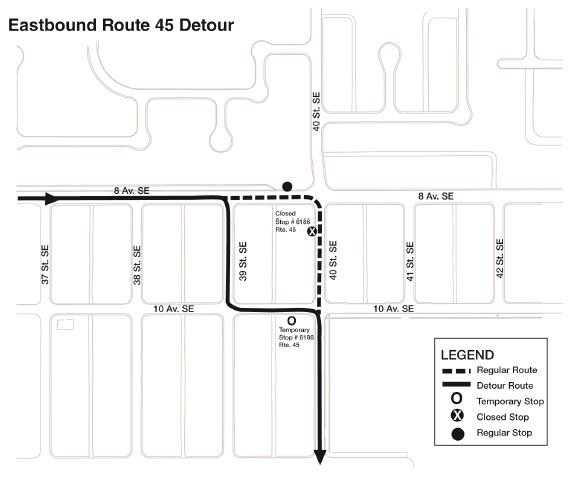 calgarytransit's tweet photo. #CTriders #RT45 EB is on Detour today and tomorrow due to construction on 40 st at 8 Ave SE. https://t.co/cixd8qn1WF https://t.co/li8cT6NyI4