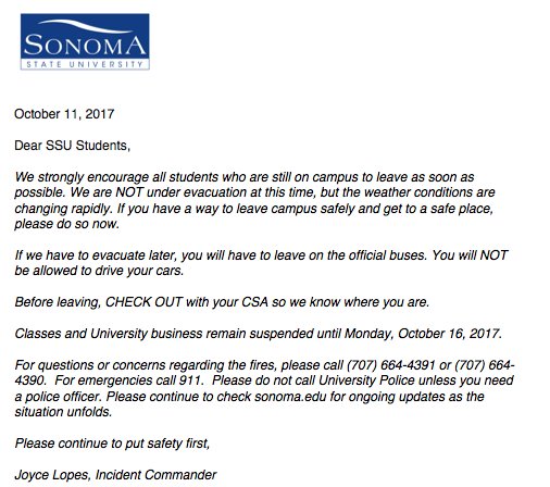 SSU_1961's tweet photo. We strongly encourage all students who are still on campus to leave as soon as possible. We are NOT under evacuation at this time. https://t.co/TmZY7UpV7Q