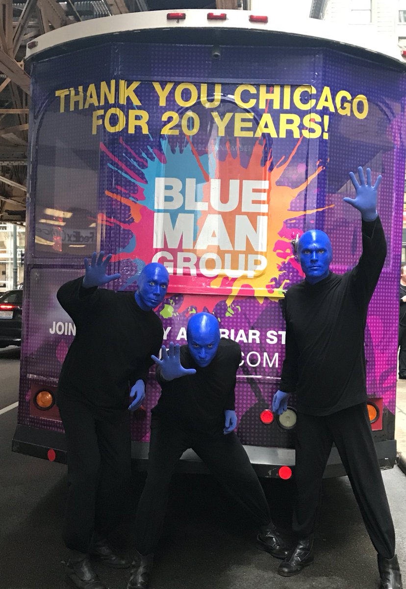 BlueManChicago's tweet photo. On our way to @AdlerPlanet. Come say hi. Thanks Chicago! #20YrsBlueManChi https://t.co/yFkJ6ki732