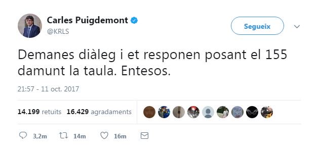 3CatInfo's tweet photo. ⚠️ #ÚltimaHora Puigdemont: "Demanes diàleg i et responen posant el 155 damunt la taula"
https://t.co/8ckQAfaH03 #10octTV3 #10oCatRàdio https://t.co/MhWZpzekBc
