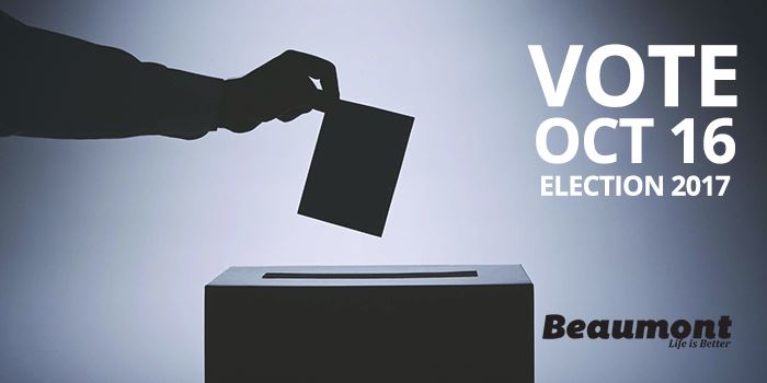 T4XBeaumont's tweet image. On Monday, October 16, 2017, @T4XBeaumont residents will have an opportunity to vote for a Mayor and six Councillors. #RememberToVote #BeaumontElection2017 For more info visit beaumont.ab.ca/468/For-Voters