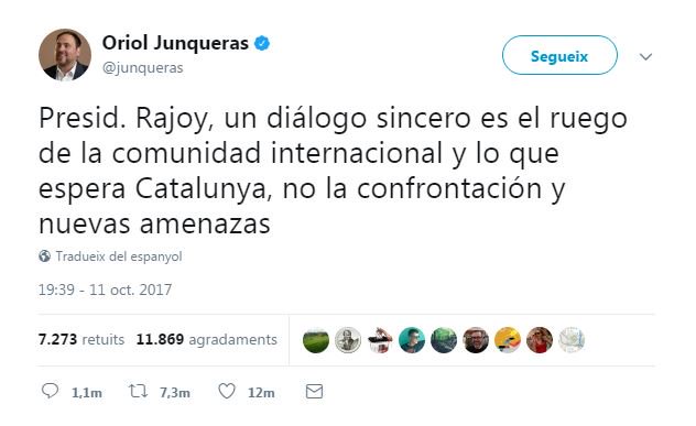 3CatInfo's tweet photo. Junqueras demana a Rajoy "un diàleg sincer" i no "confrontació i noves amenaces"
https://t.co/8ckQAfshRB
#10octTV3 #10oCatRàdio https://t.co/AGF52LLpfW