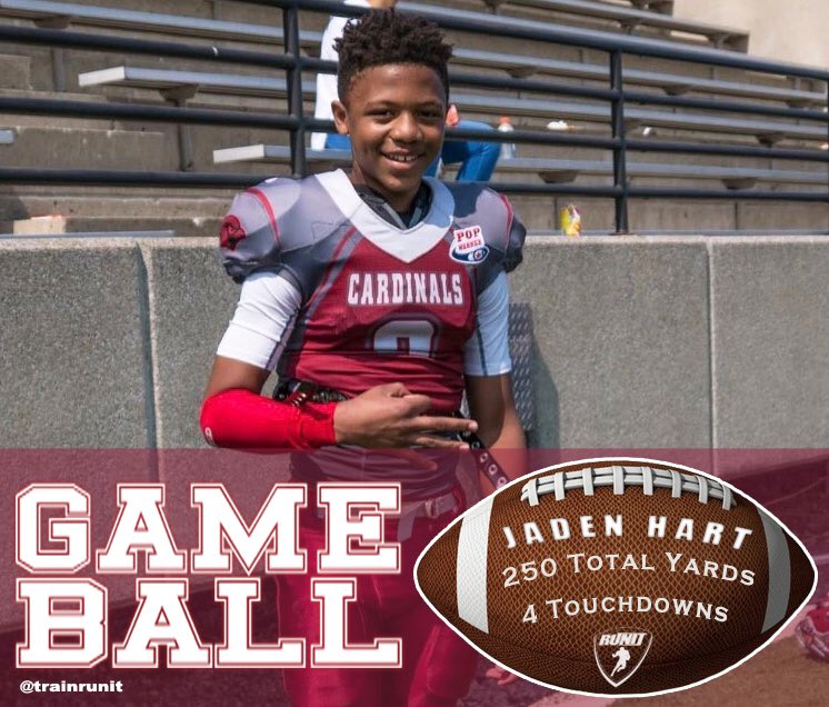 trainrunit's tweet photo. This weeks GAME BALL goes to Jaden Hart who stacked up 250 All-Purpose yards and 4 touchdowns. Congratulations @jaden_brh #backfieldbully https://t.co/Ogvh7sJHnL