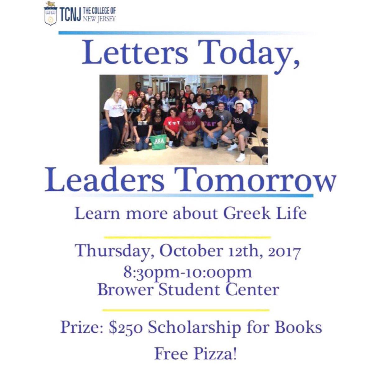 Come out to <a href="/TCNJ_IGC/">IGC_TCNJ</a> 's Letters Today, Leaders Tomorrow (tomorrow @ 8:30pm) to learn about Greek life! 💙✨Can't wait to see you there!