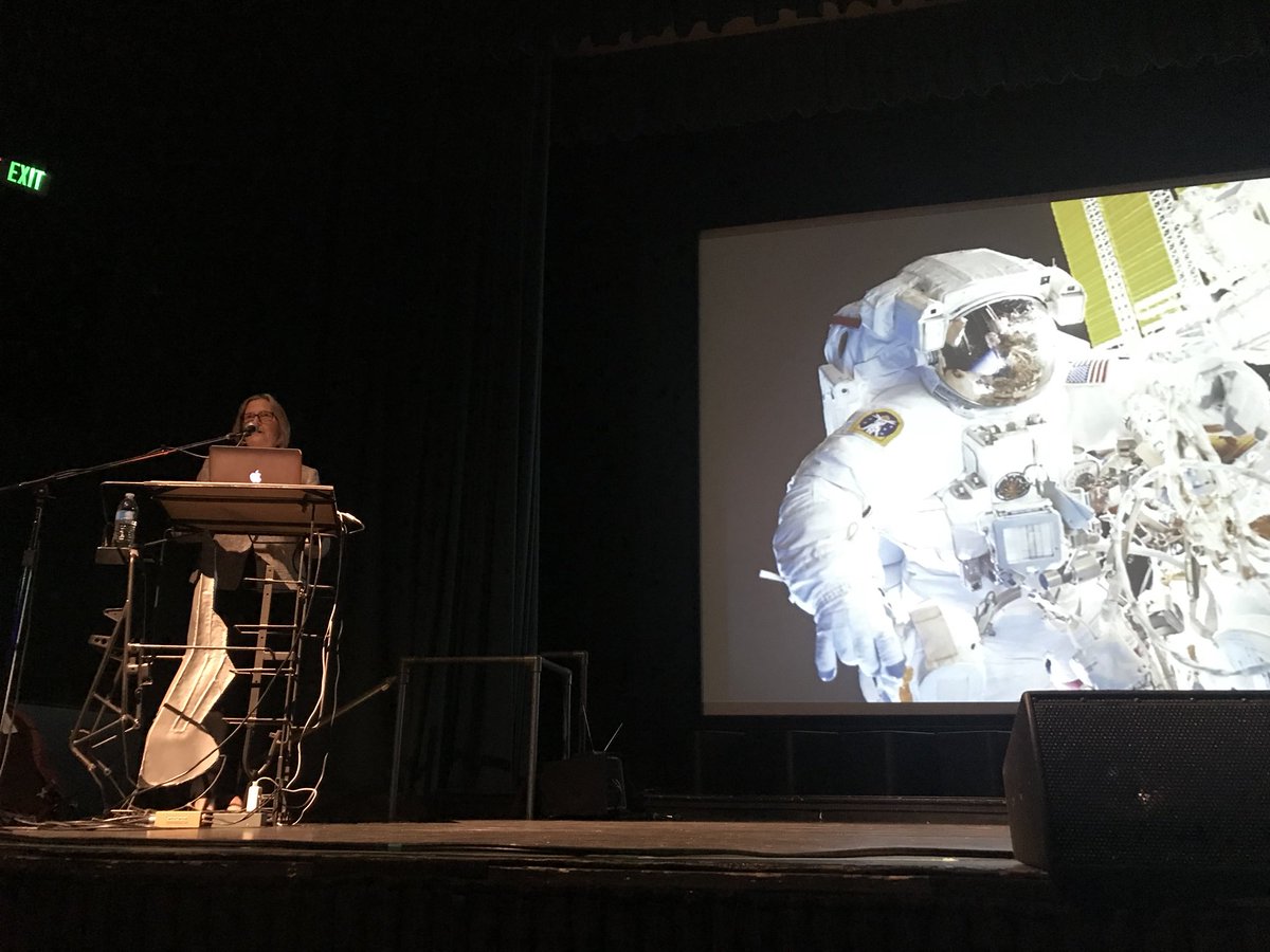 MarleneTromp's tweet photo. Kathryn Sullivan, @ucsc alumna, astronaut, explorer, author, tells the audience about life in space. #gobig #impact #madehermark https://t.co/WlgPIjwjQU
