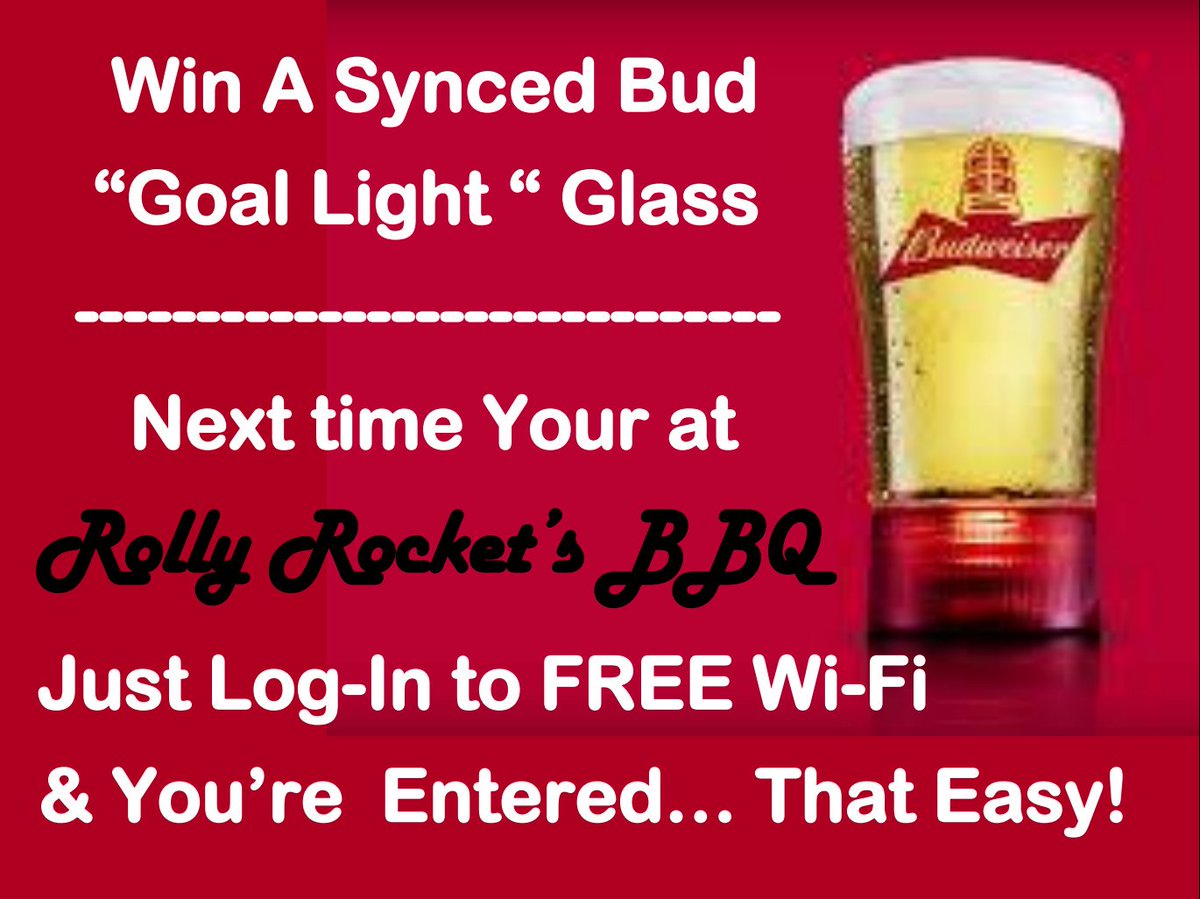 RollyRocketsbbq's tweet photo. #logintowin with #budweiser @rollyrocketsbbq just log-in to #freewifi next time at the restaurant and you're entered.
#hamont #bbq #beer https://t.co/nCkrXKAqGx