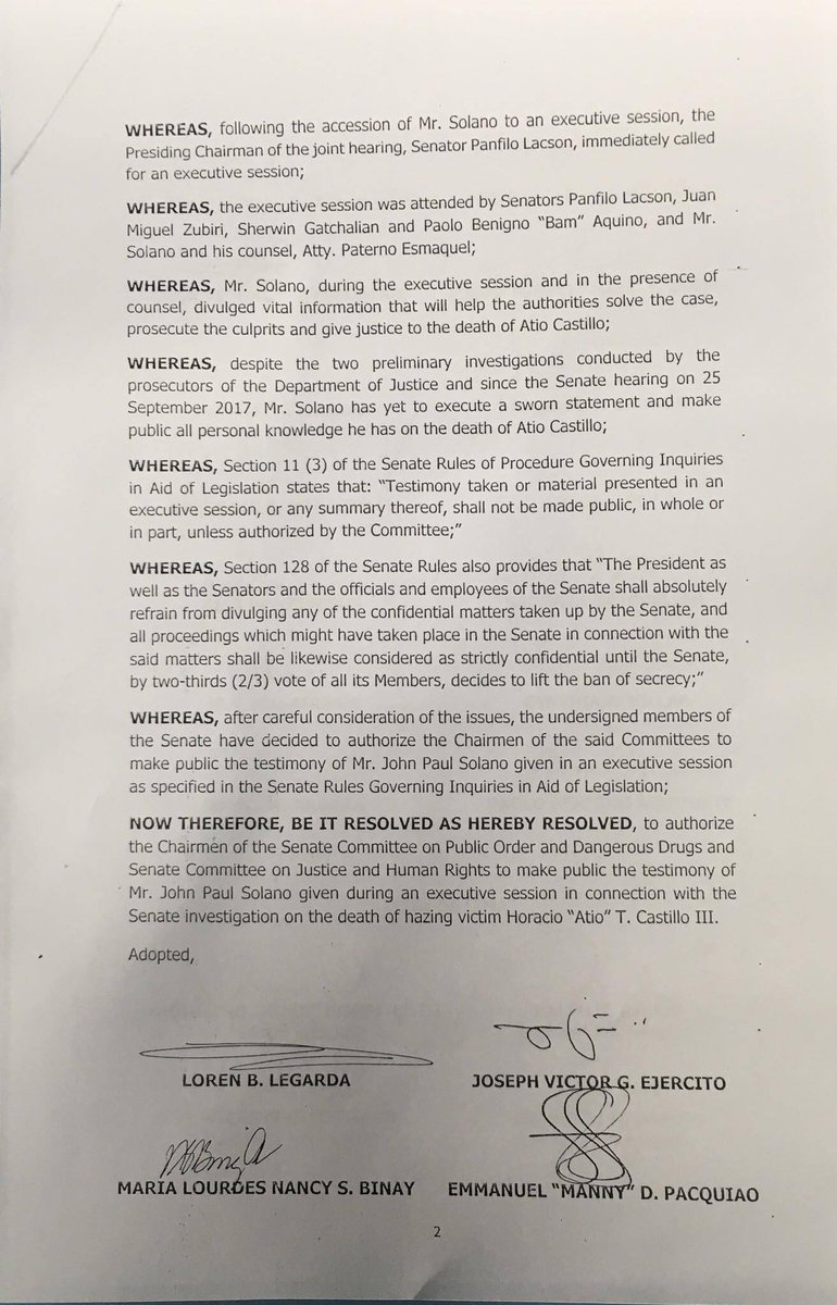 LOOK: Senate Resolution to make public the testimony of Solano given during  an executive session with death of Atio Castillo |via @sweeden_v