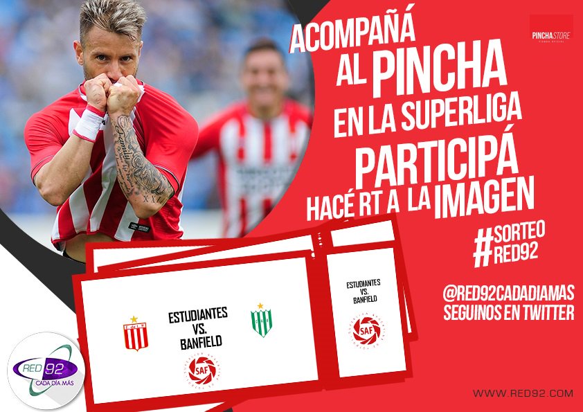 RED92cadadiamas's tweet photo. ⚽️🇦🇹 #EDLP ¡El finde vuelve la #Superliga! ¿Querés ir a ver al Pincha? Ganate las entradas de la RED 92 | Seguinos y dale RT al sorteo 😉 https://t.co/gHAOM2rxYD