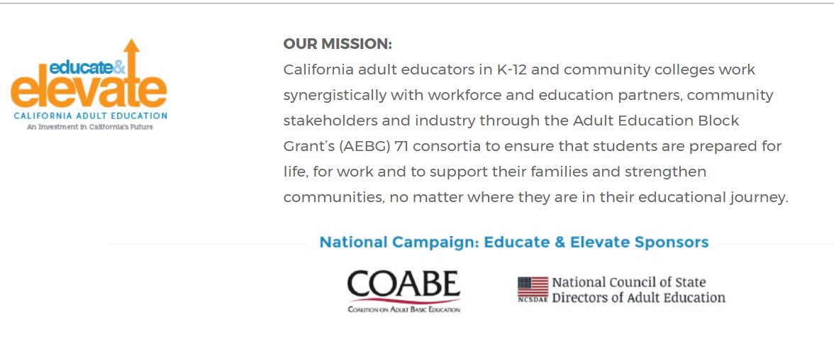 CalAdultEd's tweet photo. Welcome to #CA #EducateElevate, powered by #AEBG. Elevating California's Communities. We are committed to this mission: #Adultedu #AdultEd https://t.co/jQtluCrwaa