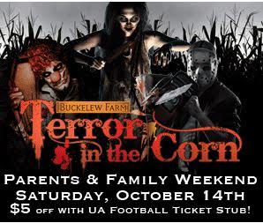 GoWildUA's tweet photo. What are you doing for Family Weekend? Going to the UA game? Get $5 off #TerrorInTheCorn admissions with your UA football ticket stub! #ad https://t.co/R0XoNpJNcB