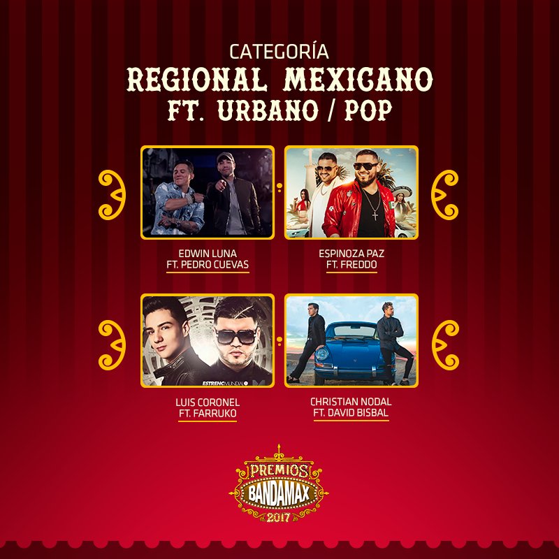 TvBandamax's tweet photo. Los nominados a "Regional Mexicano Ft. Urbano/Pop" #PremiosBandamax2017 https://t.co/cX6iiTgawr