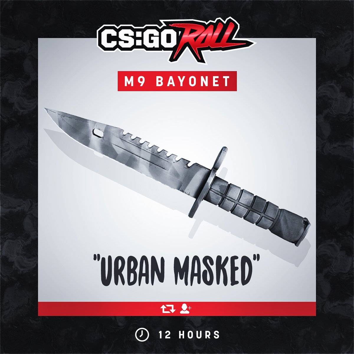 CSGORoll's tweet photo. M9 Bayonet | Urban Masked GIVEAWAY

- RT 
- Follow
- Enable notifications on CSGORoll
- Play Free Spin https://t.co/F7PFQjTYF9

Good Luck! https://t.co/d0hw45jMbT