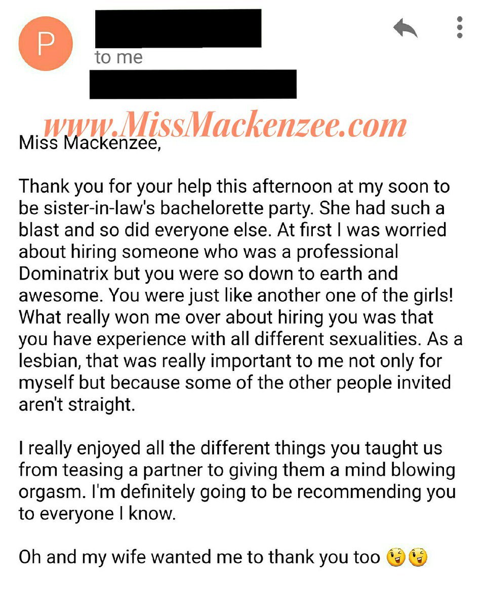 MissMackenzee's tweet photo. Newest review for a party I did today!! I love my job!! #BDSMEducator #SexEducator #ProDomme #sexhelp #couplesclasses #romanceclasses https://t.co/dAMRKHryMj