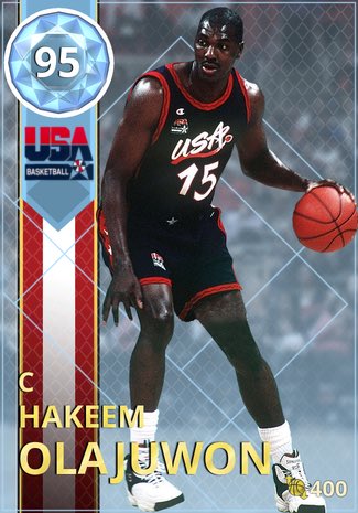 NBA2KCustomCard's tweet image. [CUSTOM - CARD]
— HAKEEM OLAJUWON — 
CENTER
DIAMOND - 95 OVERALL
(USA) (#15)
(REWARD)
(CAP:400)