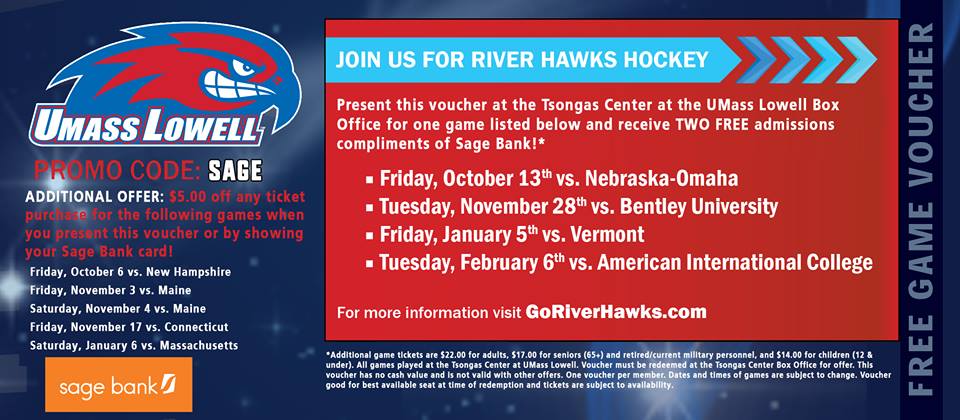 sagebank's tweet photo. Join us for @RiverHawkHockey by using this voucher for 2 Free Tickets! https://t.co/QtlxEnMkT0