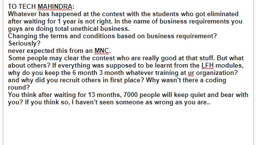 KumarPrapanchan's tweet photo. @tech_mahindra @TOIIndiaNews #terminating_before_joining #career_concern #GiveMyDOJ #unethical https://t.co/xeM5nKvC4X